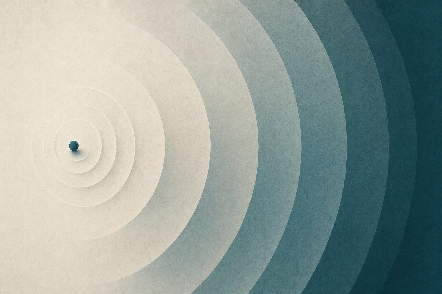 Abstract editorial illustration: a small disturbance amplifying outward through successive layers