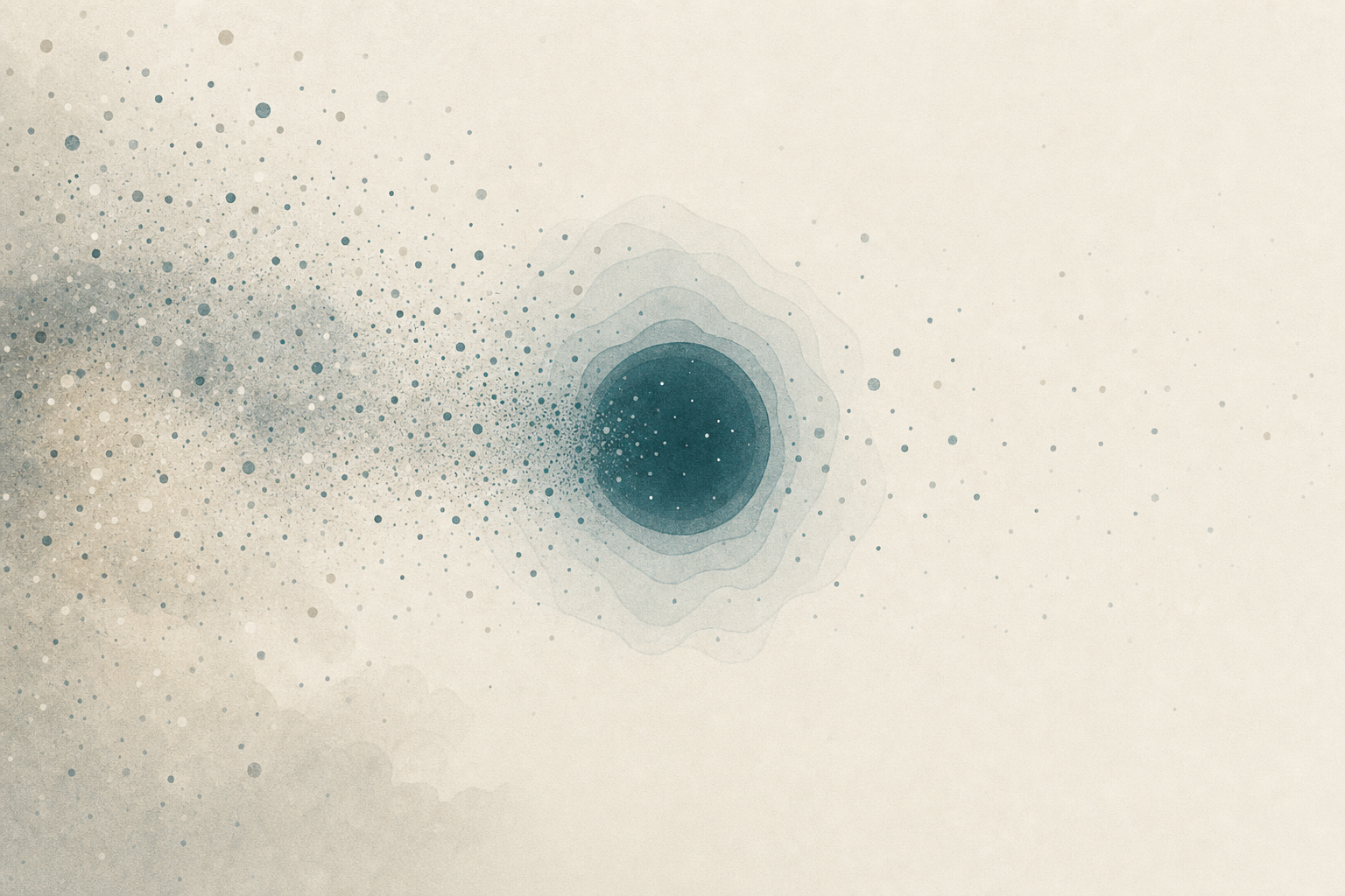 Abstract editorial illustration of fine motes drifting in still air and settling into open, calm space, representing allergy-like symptoms in benzodiazepine-induced neurological dysfunction that arise from within and ease as the nervous system stabilizes.
