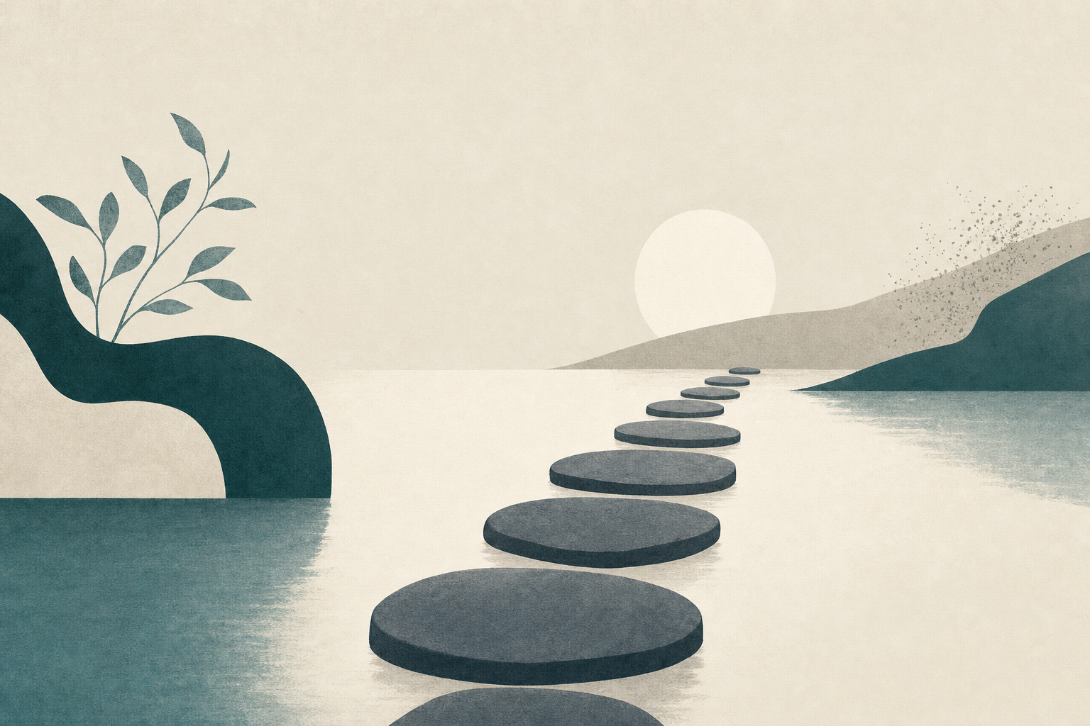 Abstract illustration of stepping stones forming a calm bridge across open space, representing a step-by-step cross-taper.
